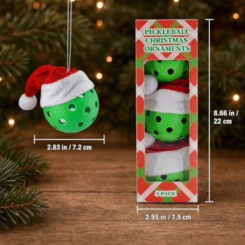 Pickleball Christmas Tree Ornaments Set of 3 with Santa Hat - Holiday Sports Decor