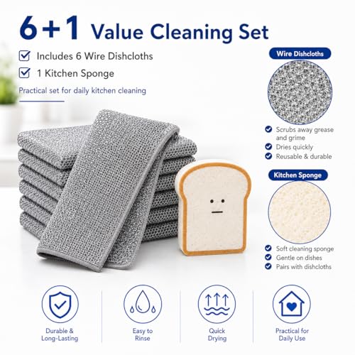 Muwfeuin Non-Scratch Wire Dishcloths 6-Pack with Sponge