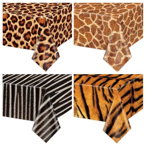 4 Pack Jungle Safari Animal Print Tablecloths - Colorful Wildlife Theme