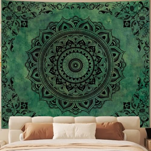 Green Mandala Tapestry Wall Hanging - Boho Cotton Art 51"x60"