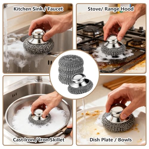 Stainless Steel Wool Scrubber with Handle - 1 Handle & 3 Replacement Pads