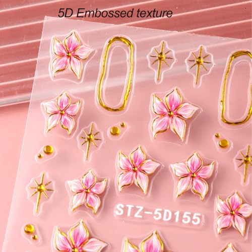 5D Embossed Flower Nail Art Stickers - Pink Lily Gold Frame Decals 3 Sheets
