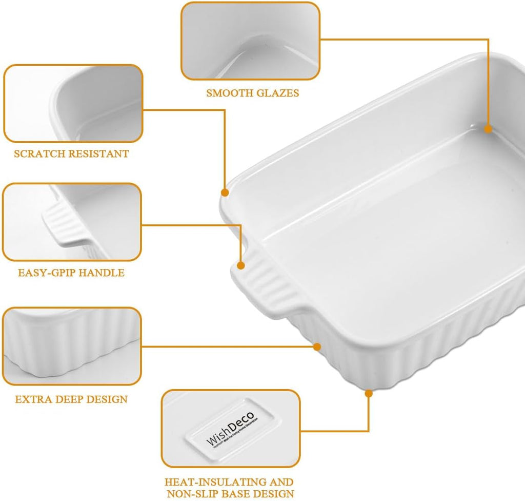WishDeco Ceramic Casserole Dishes Set of 4 - Deep Rectangular Bakeware with Handles, White Porcelain (15''/12.4''/11''/9.6'')