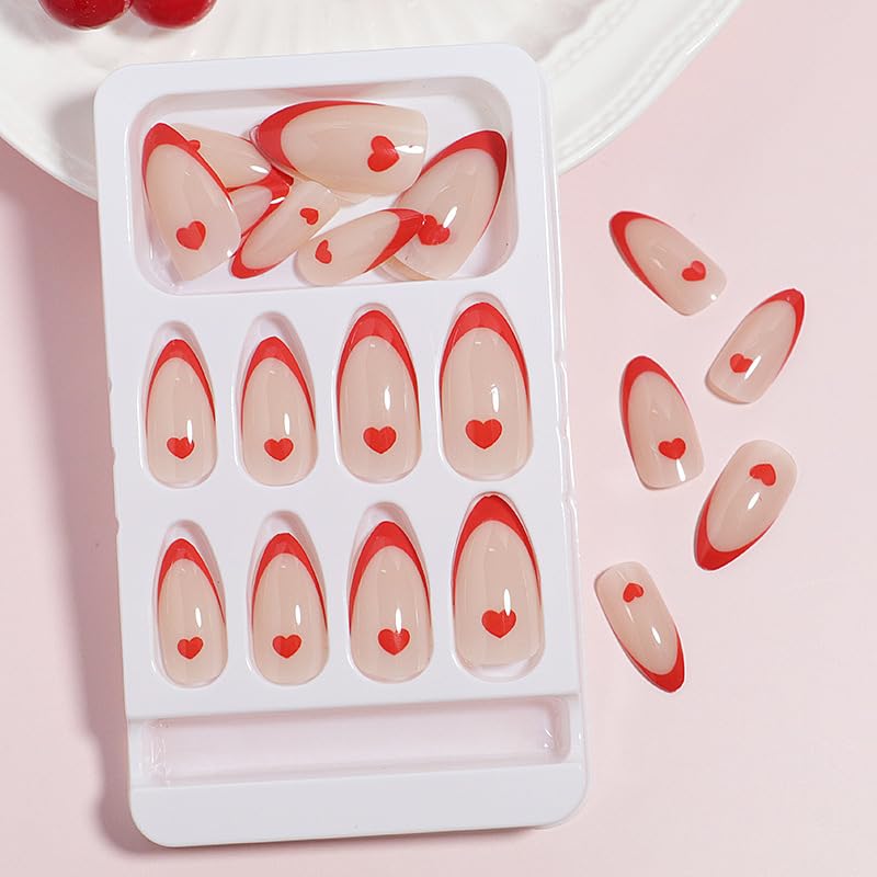 Valentines Press-On Nails Medium French Tip Heart Red Acrylic Fake Nails