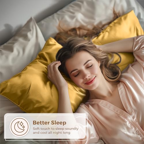 Gold Satin Pillowcase 2 Pack for Queen Size Bed - Silky Microfiber Sleep Cover - Pure Bedding
