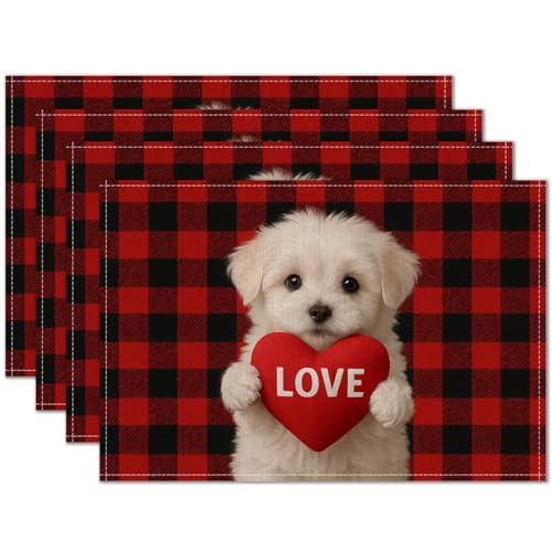 HOMETITUTE Valentine Placemats Set of 4 - Red Plaid Puppy Design