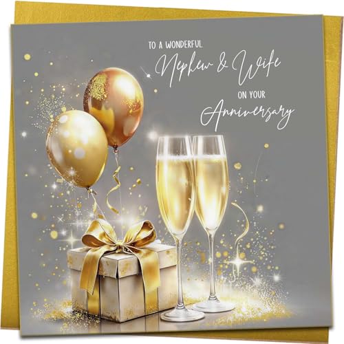 Nephew and Wife Wedding Greeting Card - Gold Champagne Design