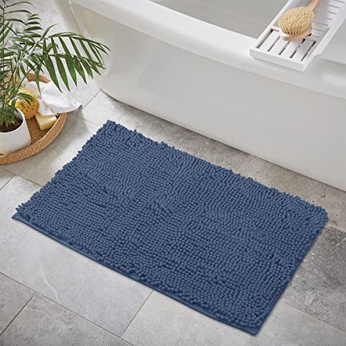 LuxUrux Medium Blue 30x20 Inch Soft Chenille Bath Rug Non-Slip Microfiber Floor Mat