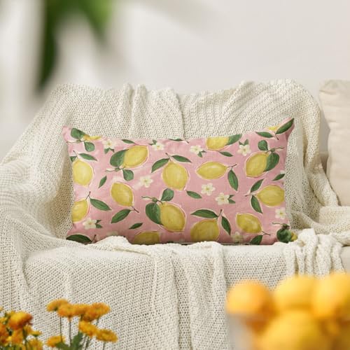 Summer Lemon Throw Pillow Cover 12x20 Inch Pink Floral Cushion Case for Sofa Couch Decor