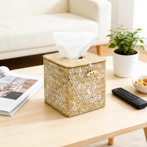 JBESUHI Square Whitewash Seagrass Tissue Box Cover - Rustic Woven Holder