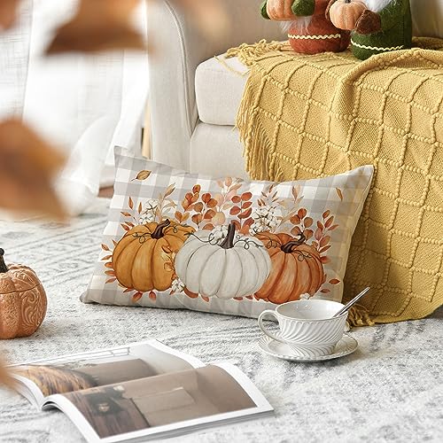 AVOIN colorlife Fall Pumpkin Plaid Orange Throw Pillow Cover 20x12 Inch