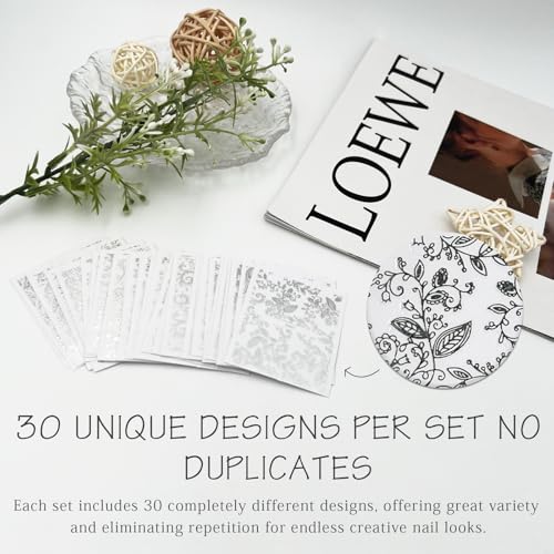 Silver Lace Floral Nail Stickers Set - 30 Self-Adhesive Flower Decals