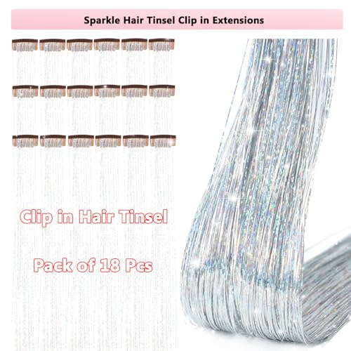 Hair Tinsel Clip In Extensions 20.5 Inch Glitter Fairy Hair 18 Pcs Silver