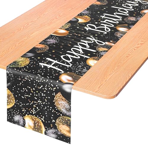 Happy Birthday Table Runner - Vintage Black Gold 72x13 In