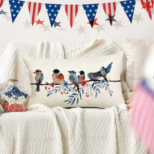 Patriotic Lumbar Throw Pillow Cover 12x20 Inch Red White and Blue Independence