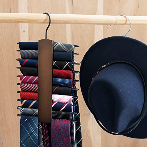 Mkono Wooden Tie Rack Holder with 20 Rotating Hooks - Space Saving Organizer