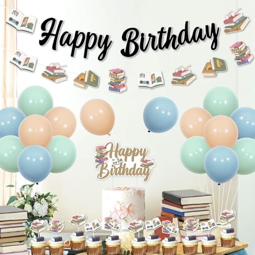 Storybook Birthday Decorations Set - Happy Birthday Banner & Cupcake Toppers with Balloons