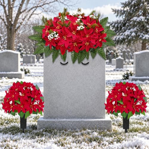 Artificial Cemetery Saddle Flowers Poinsettia - Red & White for Grave Decorations