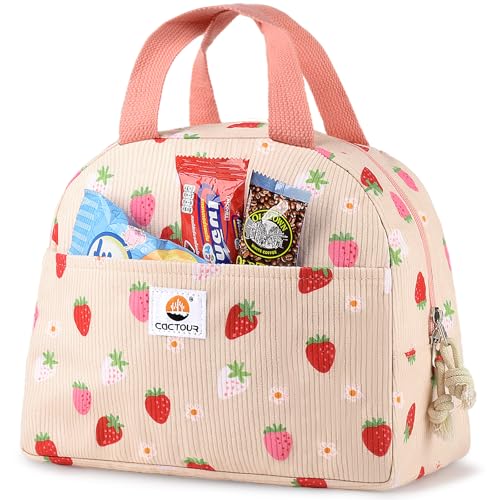 CaCTOUR Small Strawberry Corduroy Insulated Lunch Bag for Women & Girls