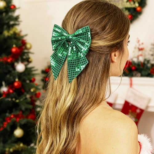 XIELIME Large 14-Inch Sequin Cheer Bow - Green Glitter Hair Clip with Alligator Clip for Cheerleaders and Sports