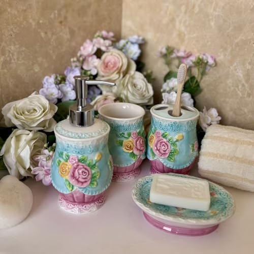 Victoria Rose Ceramic 4-Piece Bathroom Accessory Set - Multicolour