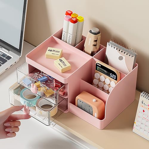 LETURE Pink Makeup Storage Organizer with 2 Drawers for Vanity and Desk