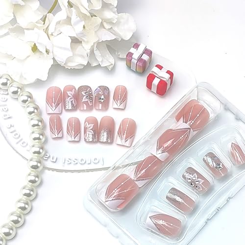 Flower Press On Nails Medium Square White French Tip Fake Nails with 3D Rhinestones