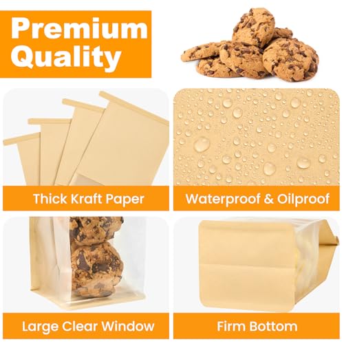 Ocmoiy Small Cookie Bags with Window - 50 Pack, 3.9x3.5x9.5 Inches, Food-Grade Kraft Paper with Sealable Tin Ties
