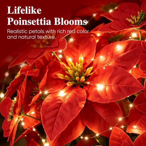 2PCS Christmas Poinsettia Ground Stake with LED Lights - Red Poinsettia With Lights
