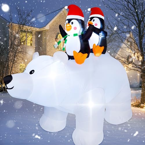 6.5 Foot Tall Christmas Inflatable Penguins on Polar Bear with LED Lights Outdoor Indoor Holiday Decoration - Penguins on Polar Bear Variant