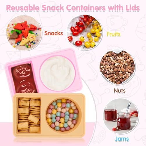 2 PCS Reusable Silicone Snack Containers with Lids - Double Compartment for Fruits & Condiments