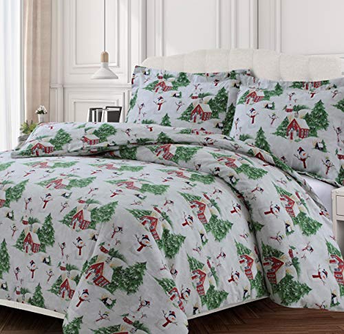 Queen Cotton Flannel Duvet Cover Set - Oversized Snowman Red Green 3-Piece