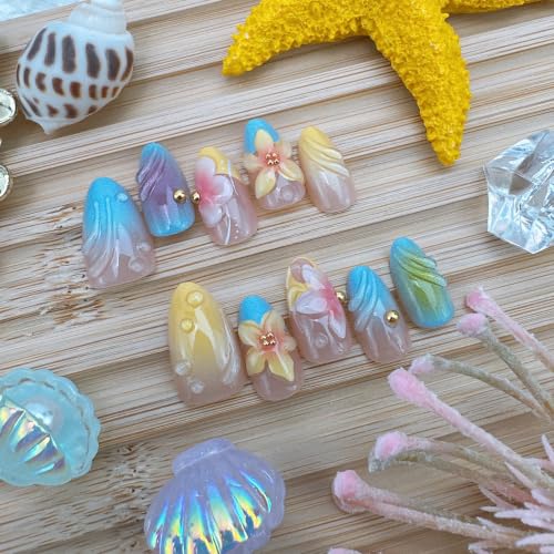 Short Almond Press On Nails 3D Flower French Tip Acrylic False Nails