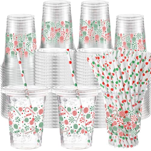 Christmas Candy Cane Disposable Plastic Cups Set with Lids & Straws - Red Green Variation