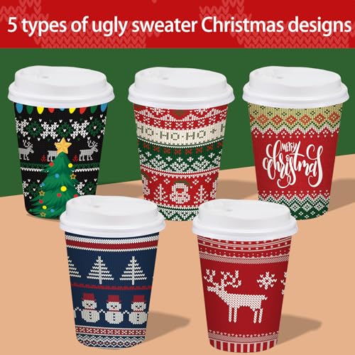 Gerrii 100 Pack Christmas Paper Cups with Lids 12 oz Ugly Sweater Style