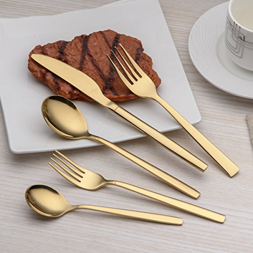 Titanium Gold Flatware Set - 20 Piece Service for 4, Golden Silverware Set with Dinner & Tea Utensils