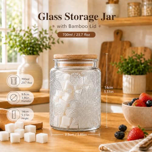 Custde Vintage Sunflower Glass Jar, 23.7oz Airtight Bamboo Lid Container