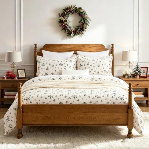 Full Size 82x86 Holiday Christmas Duvet Cover Set - Holly Berries Pattern, 100% Cotton
