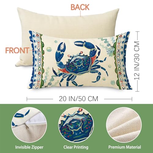 Coastal Crab Lumbar Throw Pillow Cover 12x20 - Cotton Linen
