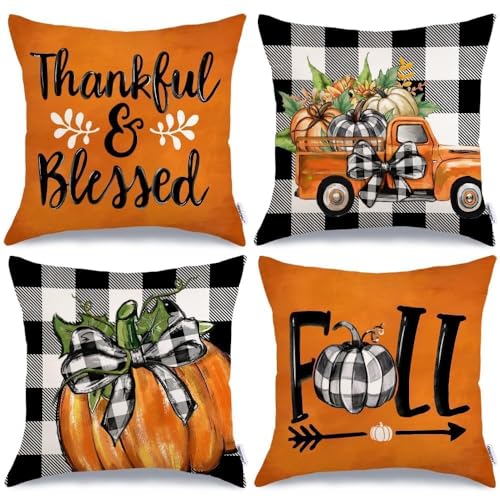 GEEORY Fall Buffalo Plaid Pumpkin Throw Pillow Covers 18" x 18" (Set of 4, Orange)