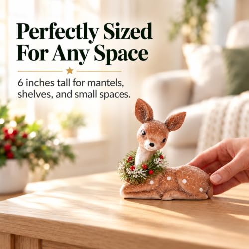 Woodland Fawn Figurine with Holiday Wreath - 6 Inch Resin Christmas Decor