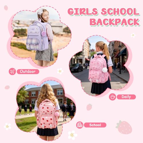 ASKSKY Girls School Backpack - Pink Strawberry Kawaii Bookbag for Teens