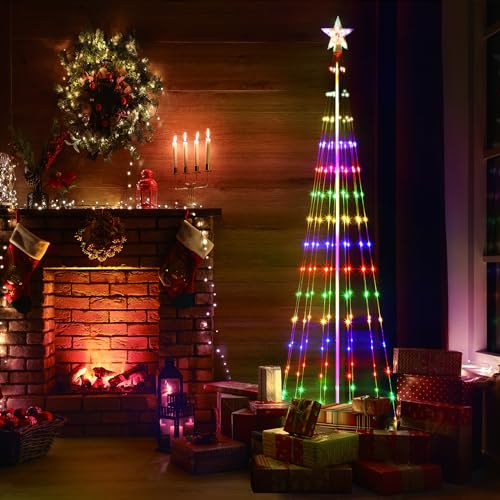 PINPON 6FT Multicolor Outdoor Solar Christmas Tree Light Show with Remote