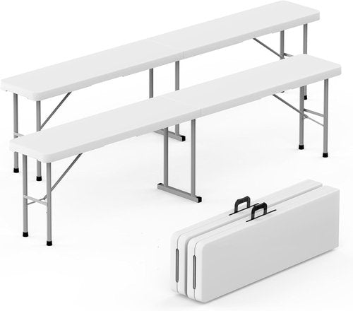 HLPB Folding Bench - 6 Ft Portable Plastic Table with Handle for Indoor/Outdoor Use | 2 Pack, White