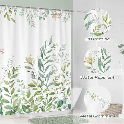 Sage Eucalyptus Leaves Shower Curtain with 12 Hooks - 72x72 inch