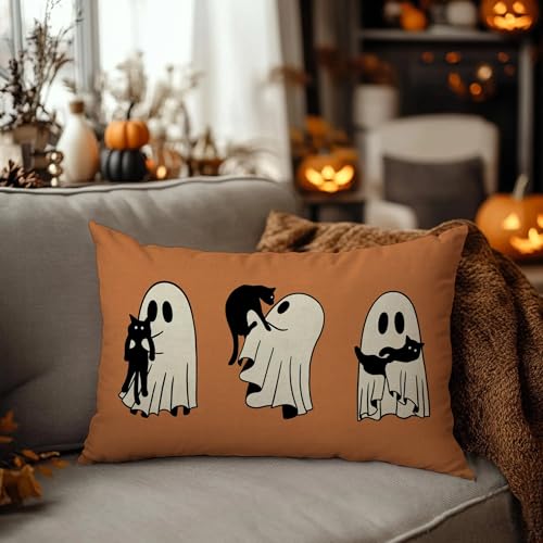 Halloween Pillow Cover 12x20 - Cute Ghosts & Black Cat, Orange