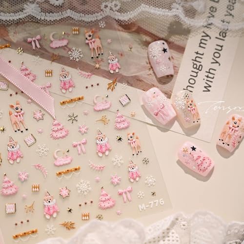Pink Christmas 5D Embossed Nail Art Stickers Decals - Xmas Tree Snowflake Bear