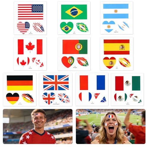 World Cup Temporary Face Tattoos - 10 Country Soccer Fan Stickers