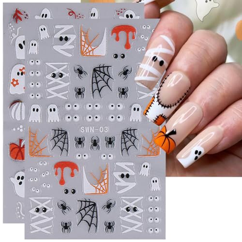 Halloween Nail Art Stickers 3D Self-Adhesive Ghost Pumpkin Decals 2 Sheets