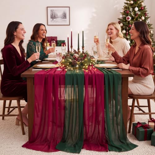 Christmas Chiffon Table Runners - Burgundy and Green, 6 Pieces